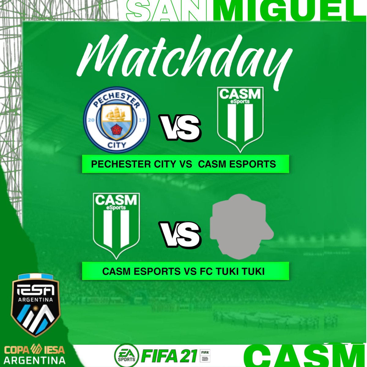 ⚽️ COPA ARGENTINA ⚽️
<a href="/IESAFIFAar/">IESA Argentina</a> 

📆 FECHA 8
🆚️ <a href="/PechesterCity/">Pechester City</a>
♾ 23.00

📆 FECHA 9
🆚️ #tukituki
♾ 23.30

🤏🕶😮 DISEÑO: @Lupillo__30

#VAMOSCASM💚