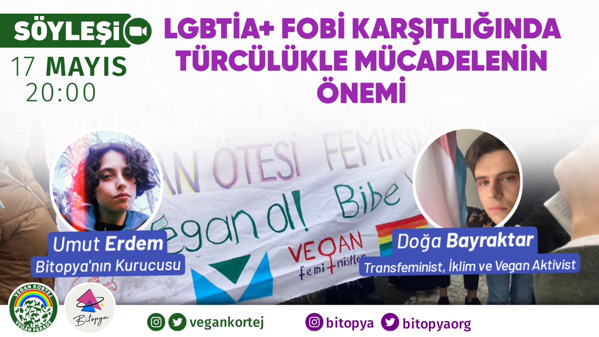 17 Mayıs Uluslararası Homofobi, Bi+fobi, Transfobi Karşıtlığı Günü'nde, Pazartesi saat 20.00'da  Umut Erdem ve Doğa Bayraktar ile söyleşimize katılmak için etkinlik formunu doldurunuz. Etkinlik gününde e-mailinize zoom linki atılacaktır. 
Dayanışmayla. docs.google.com/forms/d/1_N5ve…