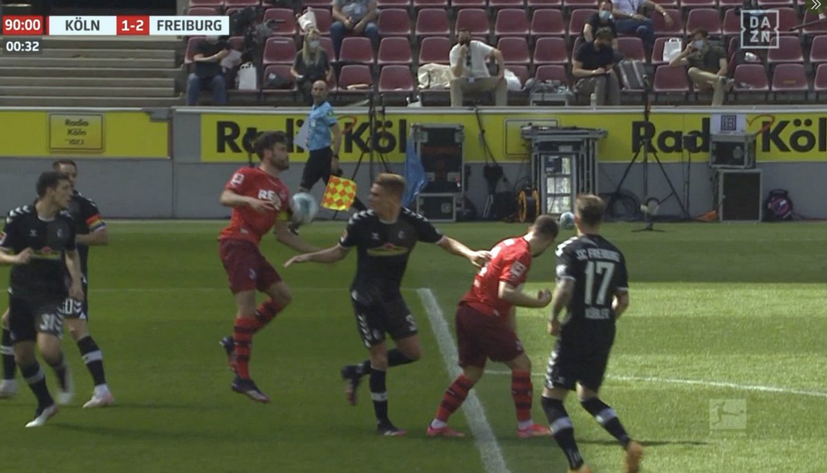 And let's remind ourselves of attacking handball, a scourge everywhere. It's Cologne 1-2 Freiburg. Cologne make it 2-2 in the 91st minute.Goal disallowed for handball by a teammate leading to a goal. Cologne then concede twice and lose 1-4.(Goal counts next season).