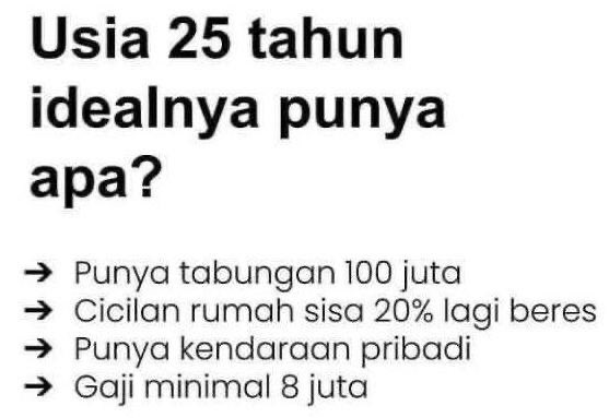 Lagi ribut-ribut umur 25 tahun tabungan 100 juta nih. Bisa kok, bisa. Asal di usia 20 tahun udah punya gaji min. 4,4 juta. Terus selama 5 tahun: 1. Investasi 1,4 juta/bulan dengan return 7%/tahun 2. Hidup maks 1,68 juta/bulan. Apakah ideal? Tentu tydac.