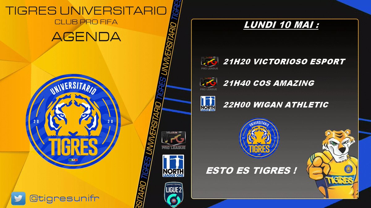 Tigres Uni. - ProClubs (@tigresunifr) on Twitter photo Programme du soir.
<a href="/belgique_vpg/">VPG BELGIQUE 🇧🇪</a>
🆚 <a href="/VictoriosoEspo1/">Victorioso Esport</a>
🆚 @COSAmazing
<a href="/OfficialVPG/">Virtual Pro Gaming</a>
🆚 WIGAN ATHLETIC ESPORTS Programme du soir.
<a href="/belgique_vpg/">VPG BELGIQUE 🇧🇪</a>
🆚 <a href="/VictoriosoEspo1/">Victorioso Esport</a>
🆚 @COSAmazing
<a href="/OfficialVPG/">Virtual Pro Gaming</a>
🆚 WIGAN ATHLETIC ESPORTS