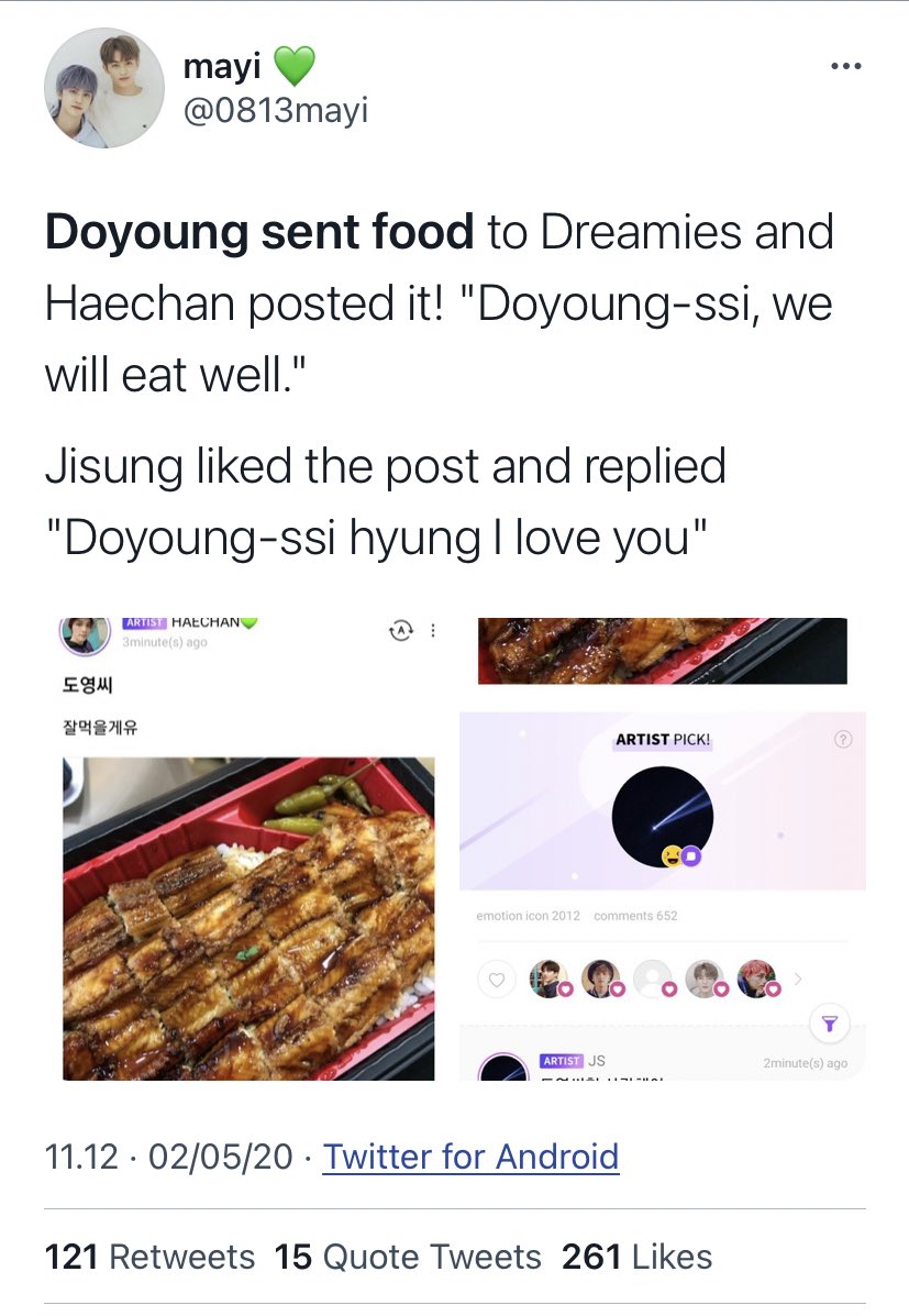 Always giving food to his loved one. Sent a meat to his senior, sent food to support the dreamies and super m, initiated the foodtruck for jaehyun