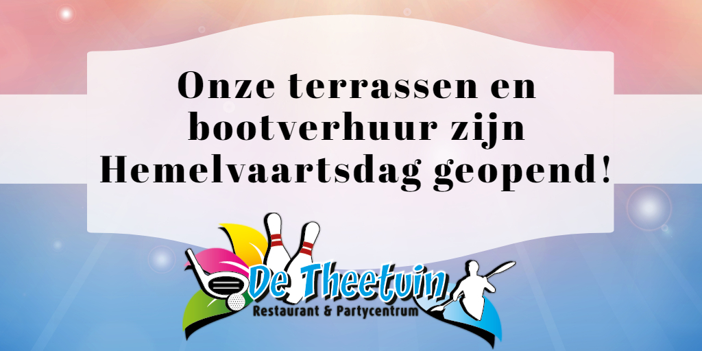 Aanstaande donderdag (13 mei) zijn wij uiteraard geopend. Van 12.00-18.00uur kunt u terecht op één van onze terrassen en van  11.00-18.00uur zijn onze boten te huur. Kijk op onze website voor meer informatie of om te reserveren.