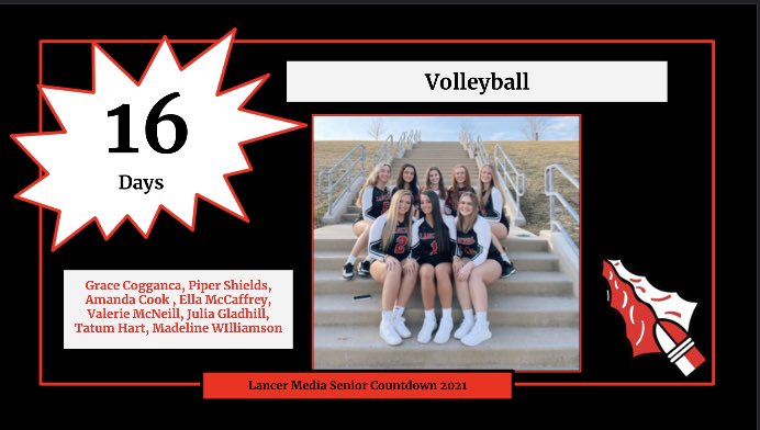 LHSJournalism's tweet photo. 16 DAYS LEFT!!!! Today we are highlighting the talented volleyball seniors. Congratulations on your season and good luck with college! @LHSVolleyball @LancerBoosters @Hanlon_FCPS @Lhsathletics01 @LancerInsider https://t.co/3BMAYseZPW