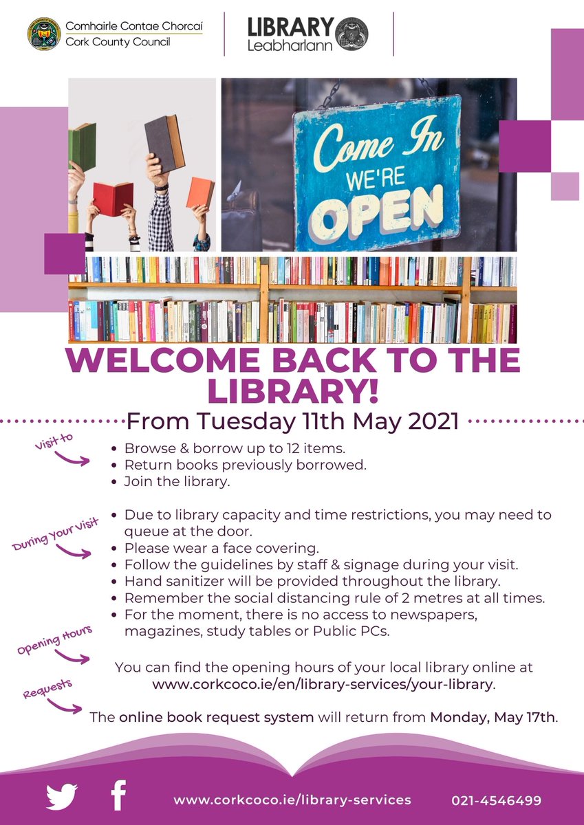 corkcolibrary's tweet image. From this week you can start visiting your local library to browse, borrow &amp;amp; return books again!🎉📚🎉📚🎉
For more information &amp;amp; opening times of your local library go to👉
corkcoco.ie/en/library-ser…. 
We are looking forward to seeing you again!

#Reopening #LoveYourLibrary