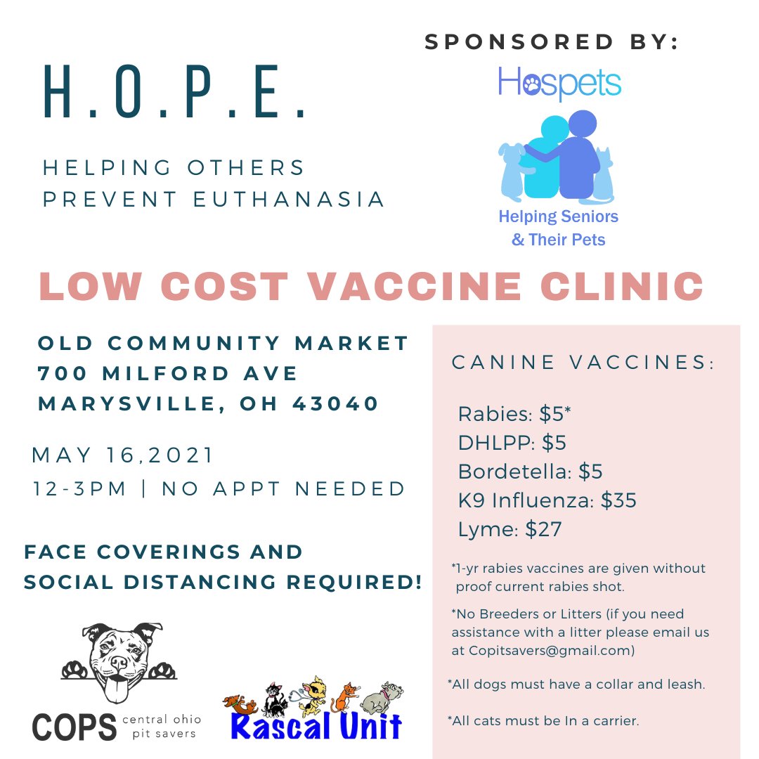 RascalDublin's tweet photo. HOPE vaccine clinic in Marysville this Sunday, May 16th from noon until 3pm! https://t.co/wYQqQOoXKY https://t.co/lITOPtbJ1R