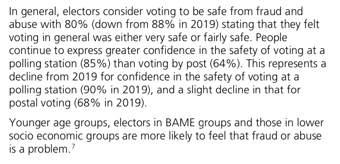 Moreover, the current system has insanely high levels of public confidence - between 85 and 90% for in-person voting, depending on the year.Since there’s neither evidence nor public opinion backing up the government’s plan to change the rules, it must be for other reasons.