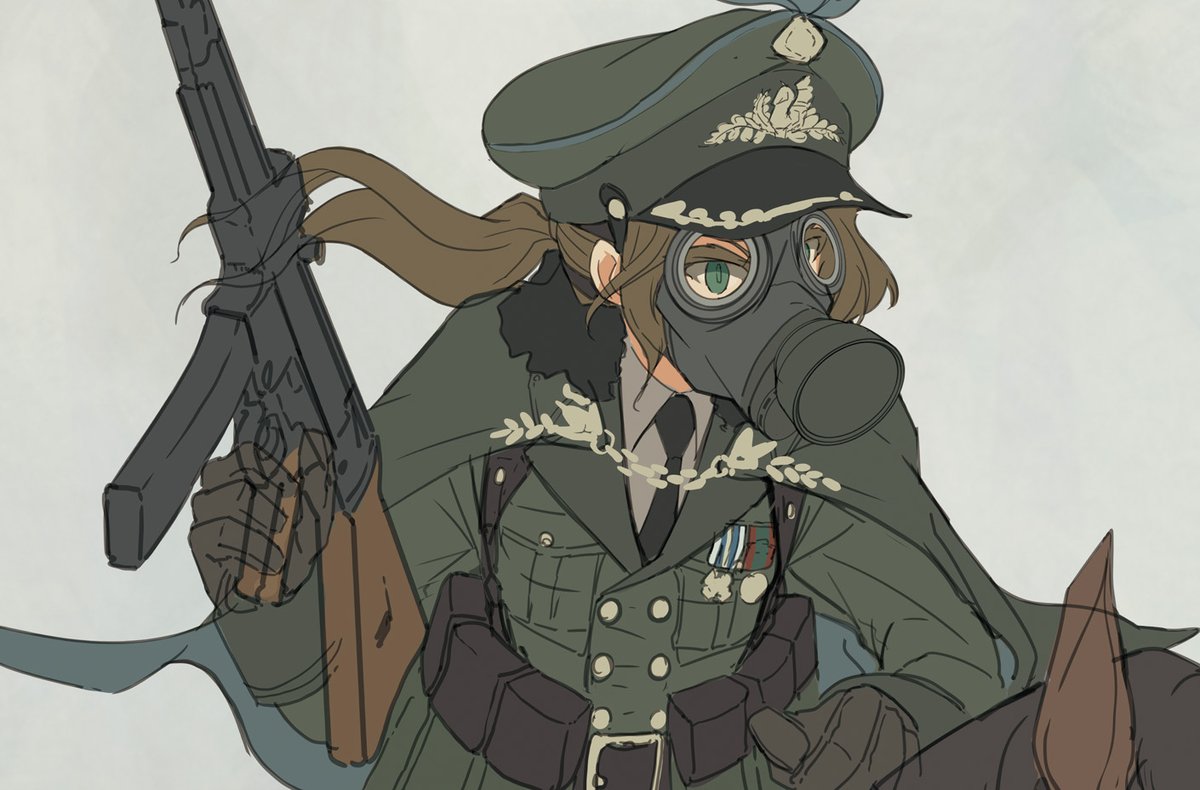 1girl weapon gun uniform gloves mask solo  illustration images