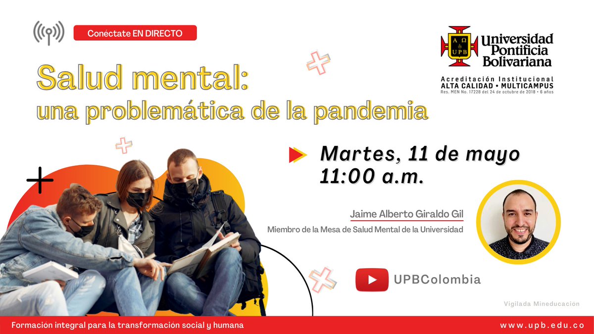 upbcolombia's tweet photo. #UPBLive | La #pandemia, el confinamiento, los procesos de duelo, entre otras situaciones, afectan la #SaludMental  😷🧠 
Conéctate con nosotros en nuestro canal de YouTube, donde abordaremos una de las temáticas más importantes en esta época. 👉https://t.co/iJu19JuEan https://t.co/RomyOxSwwi