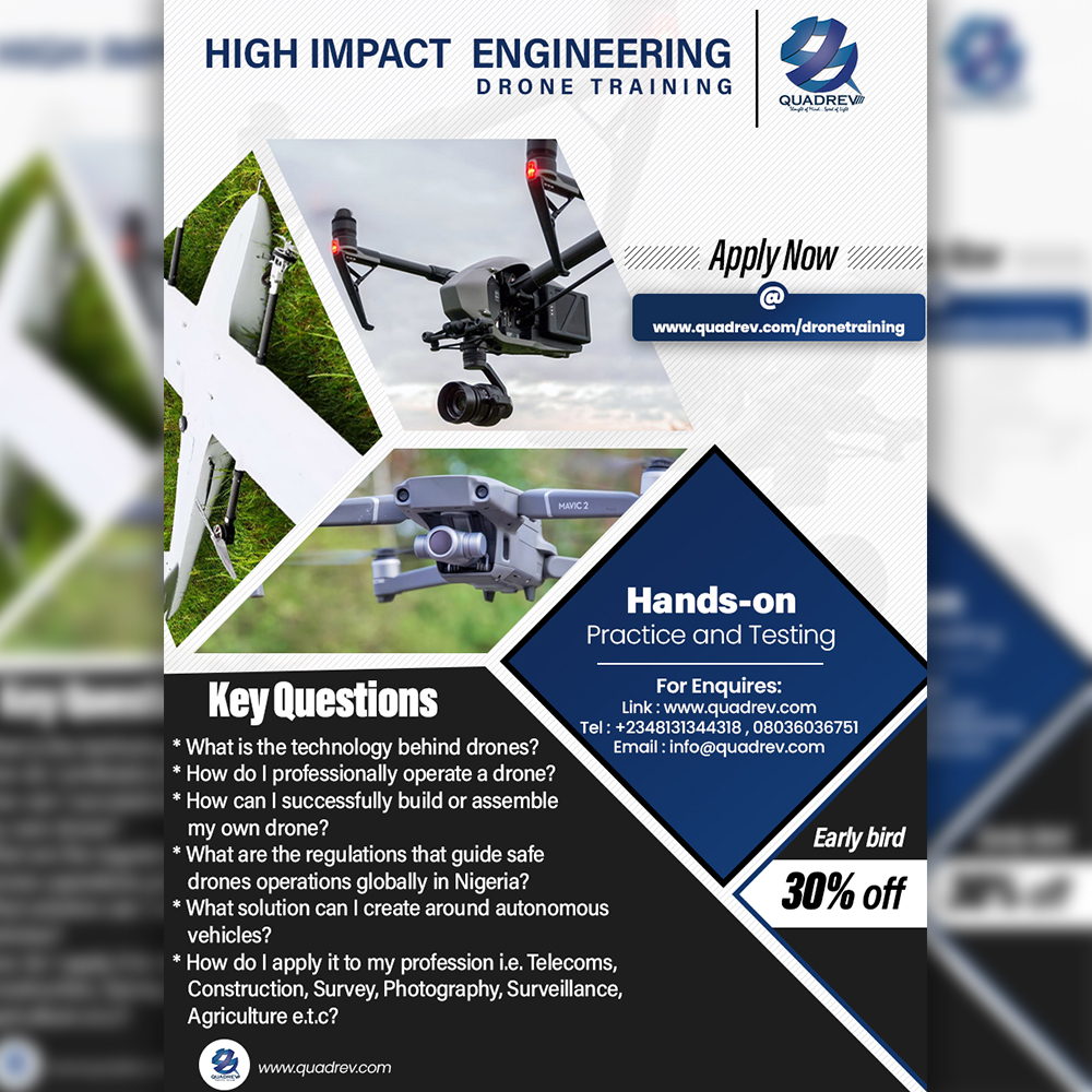 quadrev's tweet photo. We wish to inform you about our May batch High Impact Drone Training. 
#quadrev #drone #UAV #RPAs #UnmannedAerialVehicle #stem #engineering #cargo #delivery #medical #supply #agriculture #dronetraininginNigeria @davidelppa  @Johnlanny0811 @iyaboawokoya @topsyspecial1 https://t.co/cNeAxKnFjw