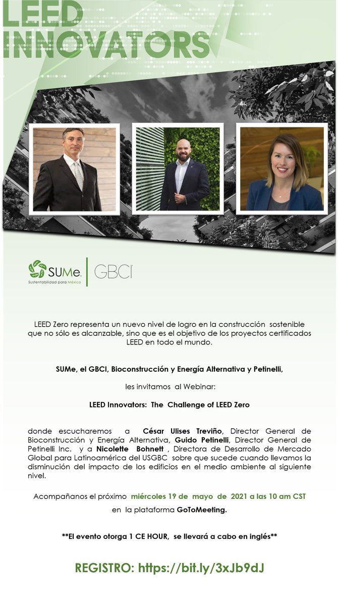 SUME_Mexico's tweet photo. Los invitamos a participar en el LEED Innovators: The Challenge of LEED Zero, que se llevará a cabo el próximo 19 de mayo a las 10:00 am.
**El evento otorga 1 CE HOUR, se llevará a cabo en inglés**

REGISTRO: https://t.co/2Yej5EnJzV https://t.co/bo6li1blwU