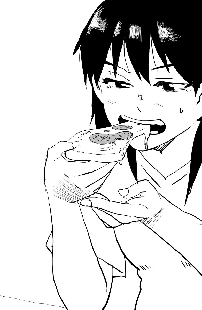 ペン入れしたピザを食う浅井 