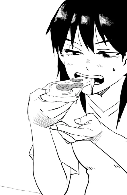 ペン入れしたピザを食う浅井 