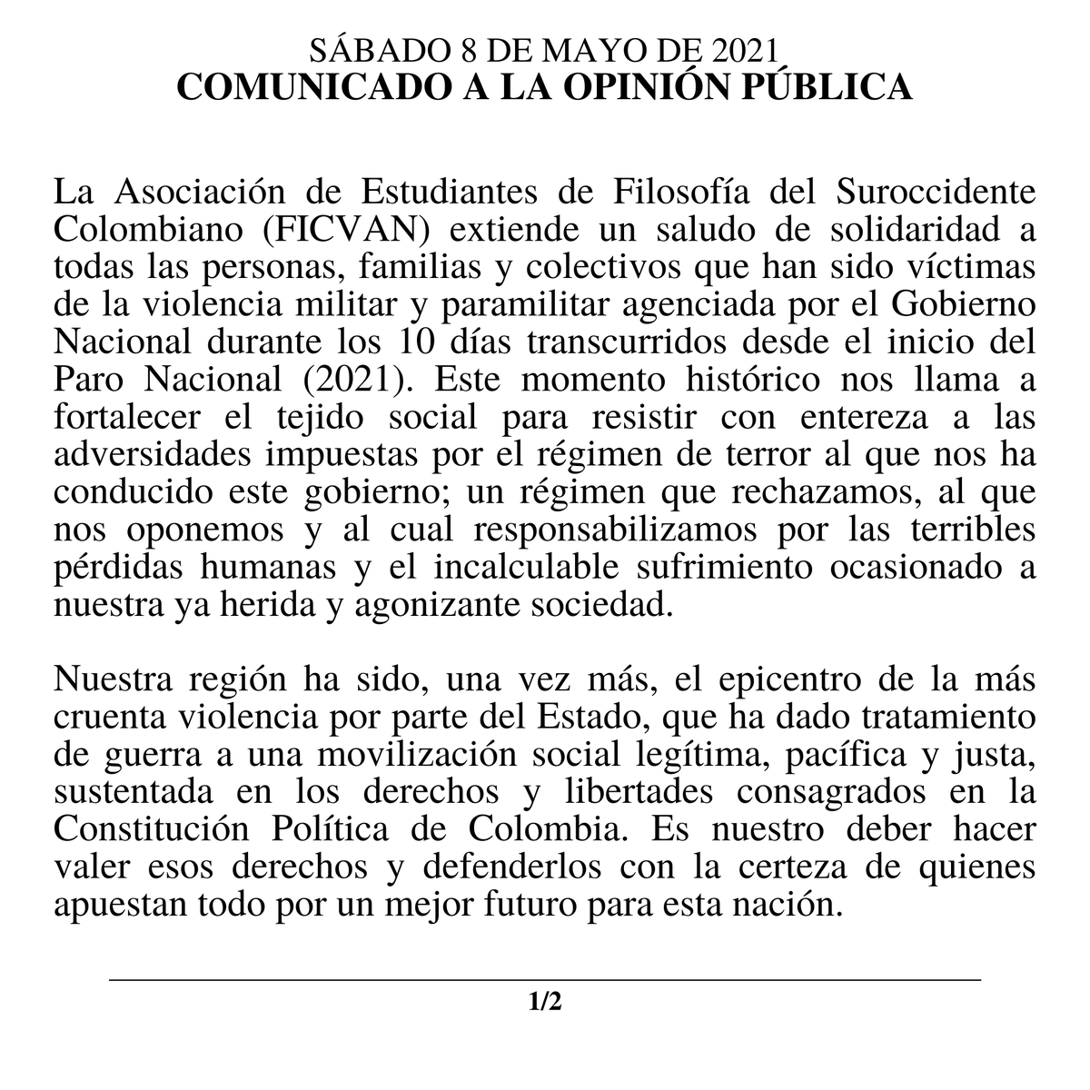 asoficvan's tweet photo. COMUNICADO A LA OPINIÓN PÚBLICA
8 de mayo 2021 | Ref. Sobre el Paro Nacional 2021

Enlace al documento en formato PDF:
https://t.co/9uwh3tT4uj https://t.co/k9HGbXgMwi