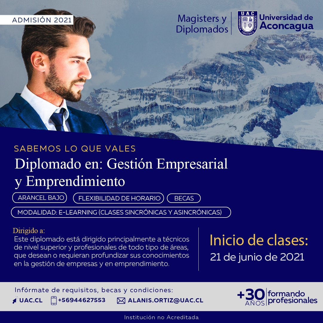 Matrícula Abierta.

Dirigido principalme a técnicos de nivel superior y profesionales de todo tipo de áreas, que desean o requieran profundizar sus conocimientos en la gestión de empresas y en emprendimiento. 

Más detalles aquí uac.cl/diplomado-gest…