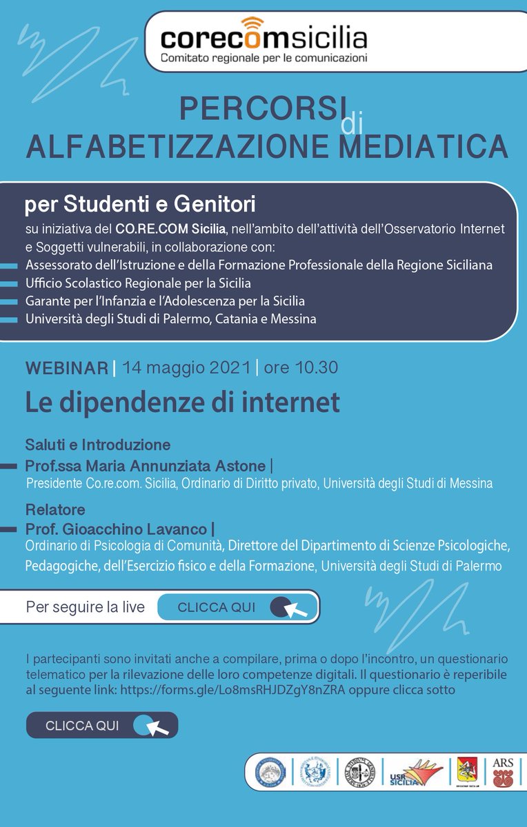 SiciliaCorecom's tweet photo. Venerdì 14 maggio, ore 10,30, nuovo incontro on line dei ‘Percorsi di #alfabetizzazionemediatica’ del #CorecomSicilia per #studenti sul tema ‘Le #dipendenze di #internet’. Di seguito il link per seguire l’evento https://t.co/McdFGR3UrA https://t.co/uG8OWUpU8F