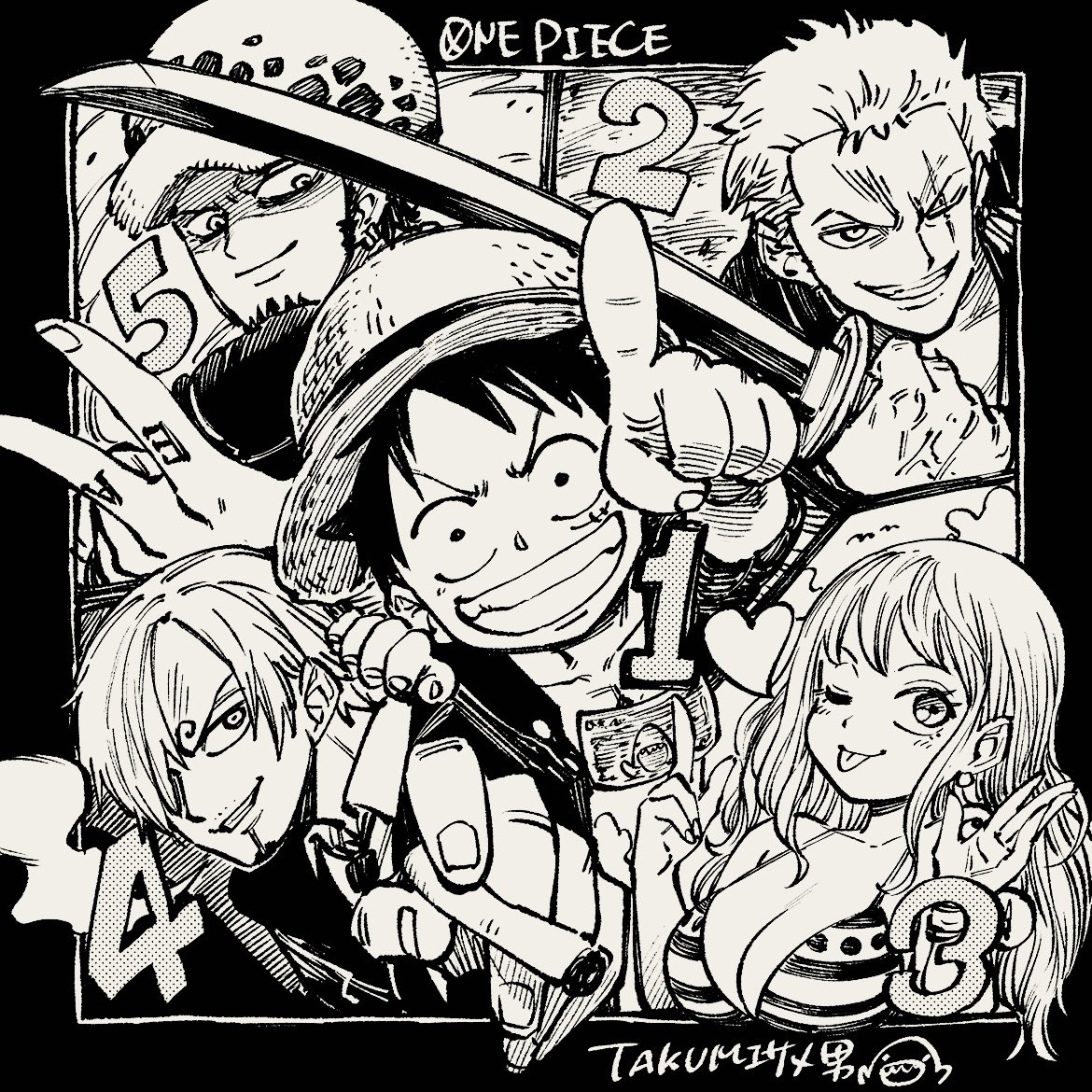Takumiサメ男 Commission ワンピースのキャラクター人気投票あったらしいすね 記念にトップ5を描いてみました ちなみに僕はサンジがダントツで好き 一番カッコイイと思ってる 絵描きさんと繋がりたい ワンピース T Co 8njqy4xofu