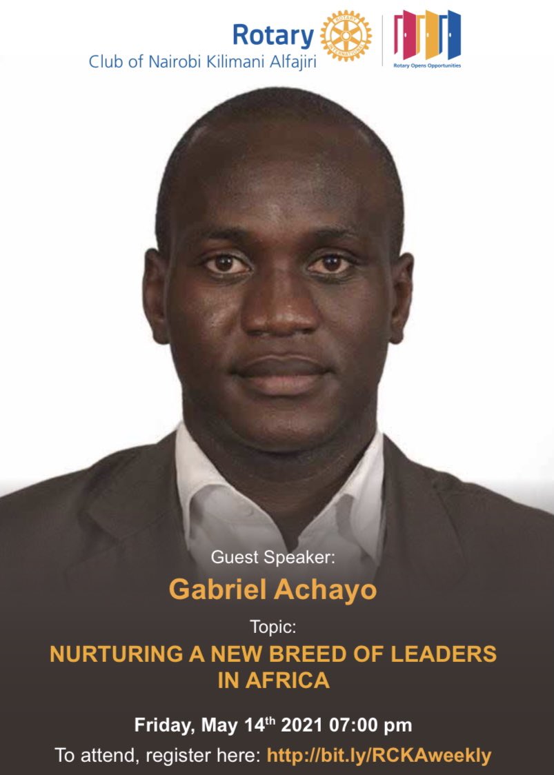 Gabriel Achayo, has dedicated over 13 years of his life to growing the Africa Youth Leadership Forum, (AYLF). He  is passionate about partnering with leaders to facilitate effectiveness in their leadership stories.
bit.ly/RCKAweekly

#rotaryopensopportunities