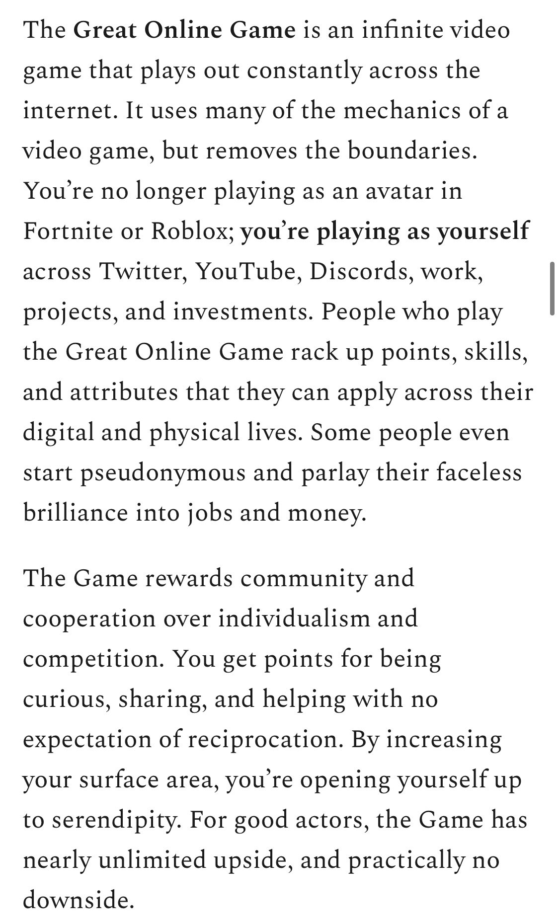 cdixon.eth on X: “The Great Online Game is an infinite video game that  plays out constantly across the internet. It uses many of the mechanics of  a video game, but removes the