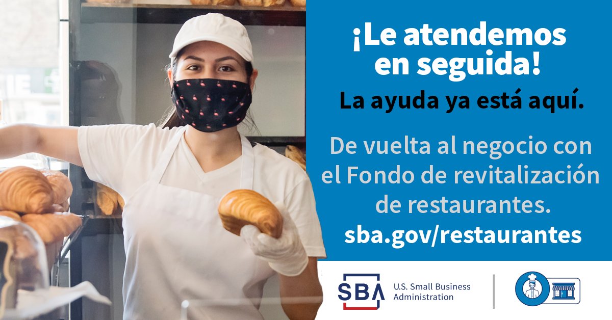 La ayuda ya está aquí para restaurantes, camiones de comida, servicios de catering, bares y pequeños negocios similares.  El Fondo de revitalización de restaurantes está aceptando solicitudes ahora.

➡️Aprenda más sobre el programa y cómo solicitarlo en:  sba.gov/restaurantes