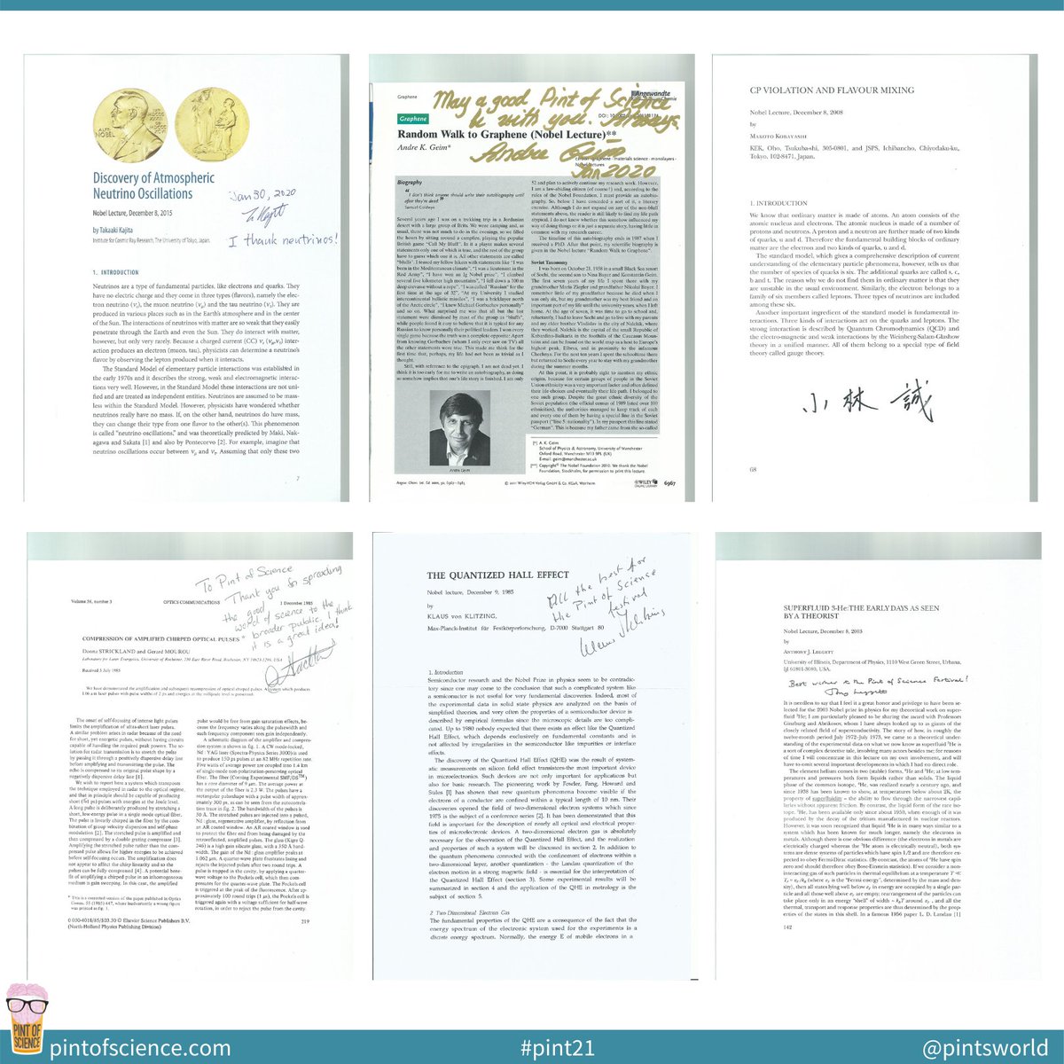 Did you know that some <a href="/NobelPrize/">The Nobel Prize</a> laureates are supporting our festival?

Thank you Donna Strickland, Anthony Legget, Klaus von Klitzing, Andre Geim, Takaaki Kajita, Makoto Kobayashi!

🤩We're so proud!

More info in a thread 👇
(Thank you <a href="/rafasith/">rafasith ⌵</a> for contacting them)
#pint21