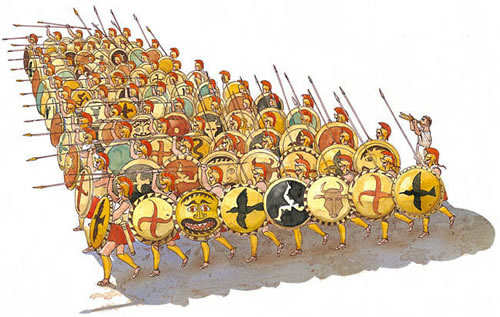 Other city- states got fed up, and lead by Thebes, a war broke out between the Thebans and the Spartans and their allies. Warfare in ancient Greece was centered around the phalanx, a block of men with round shields and spears.