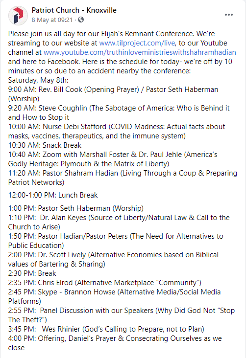 Oh, It looks like she's talking about their "Elijah Remnant Conference" Just look at the lineup that they had.