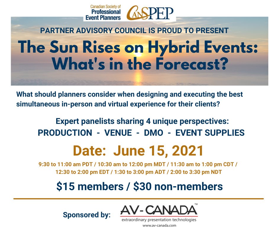 CanSPEP's tweet photo. New date for The Sun Rises on Hybrid Events - What's in the Forecast? Presented by CanSPEP Partner Advisory Council and Sponsored by our National Strategic Partner AV-Canada
Registration is open!
Visit https://t.co/Rg7XS4aC0Y #eventpreneurs #hybridevents #futureofevents #joinus https://t.co/f2T0QygLXh