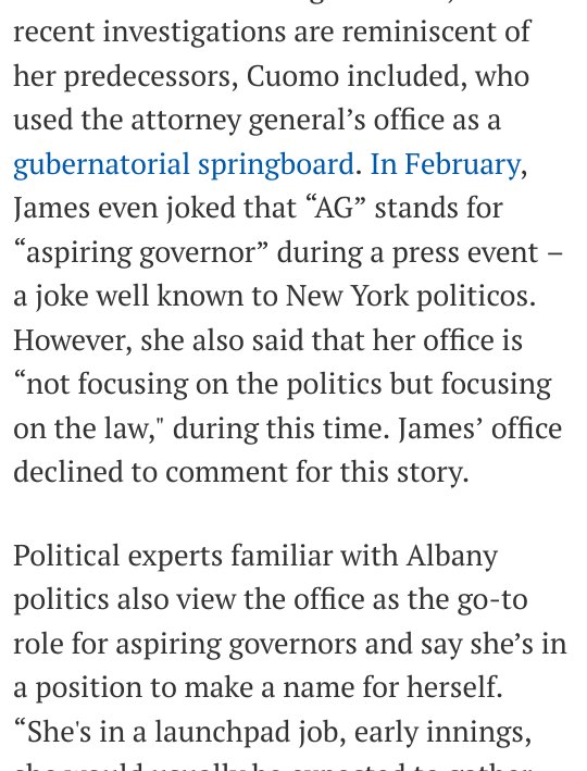 3 He says Cuomo undermines the AG. The doubts about motives were raised by press, including politico long before Azzopardi said anything. And Cuomo didn't caution not to have faith, he brushed aside a provocative question. NYT trying to influence Tish James here not subtly 3/