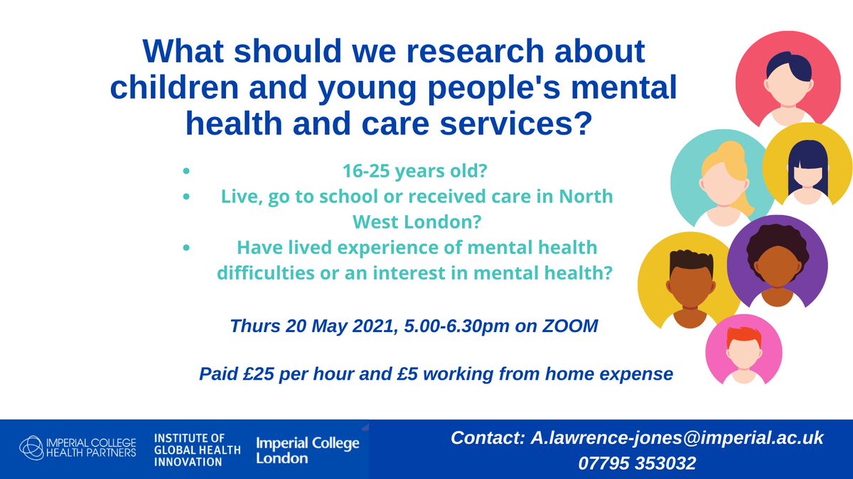 Aged 16-25? Live, go to school in or have received care in North West London?
 
We want to know your research priorities around mental health. Get paid to give your views at a Zoom workshop at 5pm on 20 May.
 
Fill out this form by 16 May 
tinyurl.com/7437z5vk
<a href="/Imperial_IGHI/">Institute of Global Health Innovation</a>