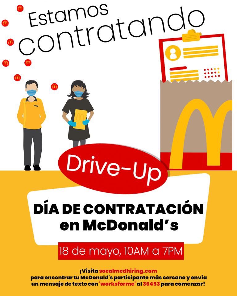 Job opportunity alert! ❗❗❗On Tuesday May 18, from 10 a.m. to 7 p.m. interested candidates can drive up to select Southern California <a href="/McDonalds/">McDonald's</a> locations and receive an interview opportunity on the spot. Check out socalmcdhiring.com to find a location near you!