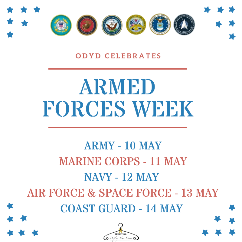 ODYD2017's tweet photo. Happy Armed Forces Week! All service members and eligible dependents of each branch are invited to visit an ODYD shop location to re-deploy a dress! This includes the Guard and Reserve! #armedforcesweek #armedforcesday #odyd #military #militarylife #militaryspouses #militarypouse https://t.co/VKmNoXh9mL