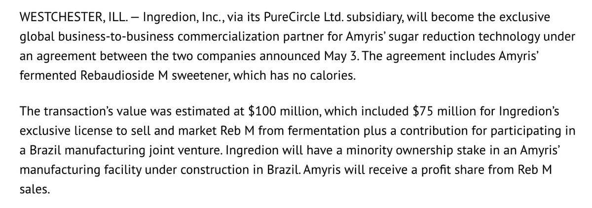 $AMRS has 2 revenue modelsEnter a supply partnership w/ MNCs (Ingredion),  $AMRS receives licensing fees & profit share on sales. See below$AMRS also develops their own consumer brands like Biossance. They market and sell products directly to retailers and consumers