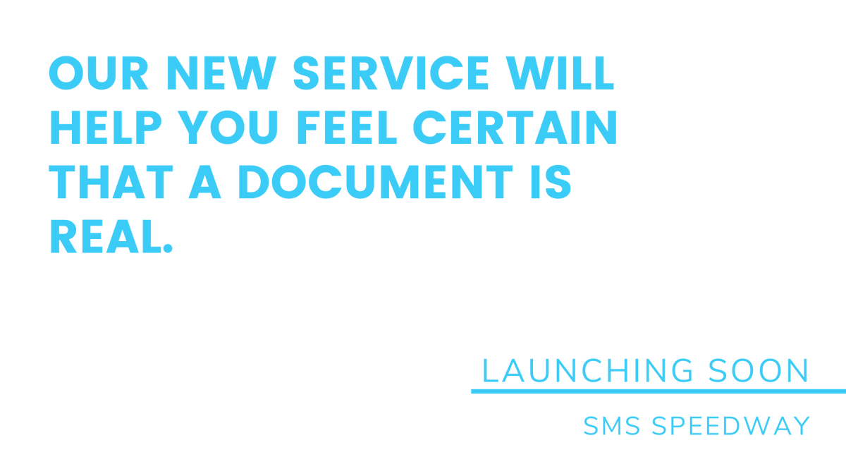 smsspeedway's tweet image. Can you reassure clients that the documents you send are the real deal? Can you tell if your client's paperwork is genuine?
With the launch of #DocCheck, you and your clients can feel certain that what you send and receive is authentic. 
Details coming soon... #smsspeedway