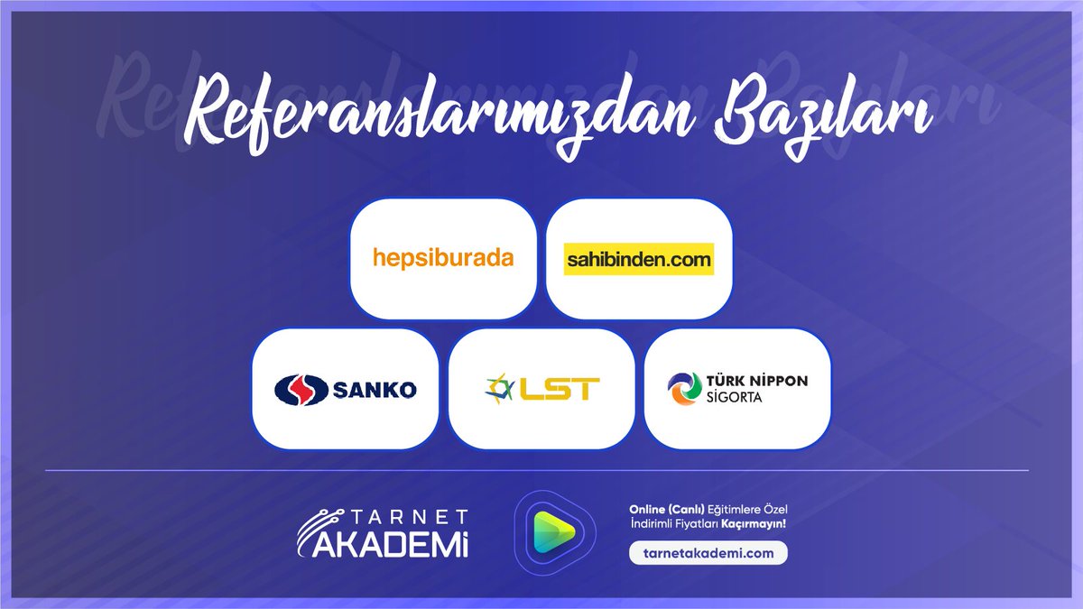 Yeni Referanslarımızdan Bazıları

1. LST Yazılım
2. Sanko Holding
3. Türk Nippon Sigorta
4. Sahibinden. com
5. Hepsiburada
 
#yazılım #bilişim #eğitim #online