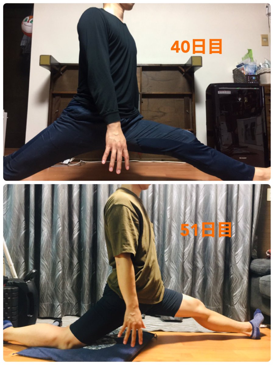 股割りチャレンジくん 股割りトレーニング51日目 40日目からあまり変わっていない W けど達成までは諦めないで頑張ります 股割り チャレンジ トレーニング ストレッチ 宅トレ