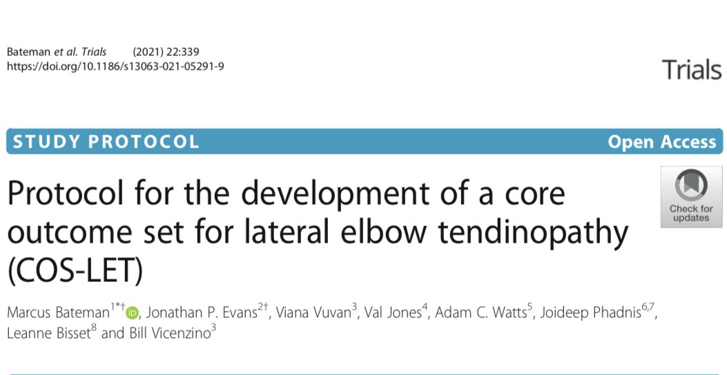 Our protocol for the development of a core outcome set for lateral elbow tendinopathy is now published!  Open access. Thanks to all of the team for donating their time for this work.

trialsjournal.biomedcentral.com/articles/10.11…