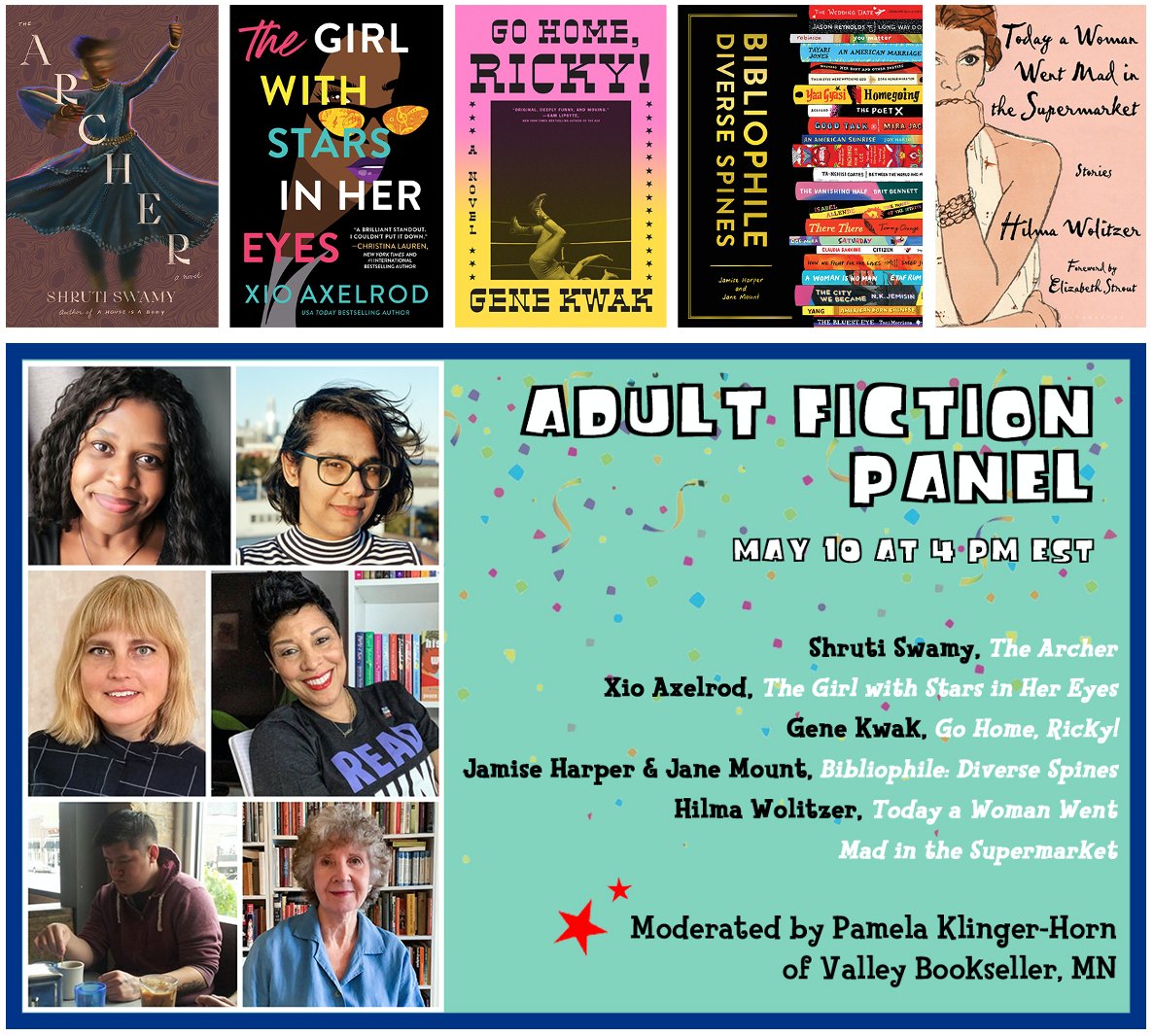 Today's #IndieShindig Adult Fiction lineup, 5/10 at 4 pm EST: bookseller @pkhorn of @valleybkseller moderates, featuring: <a href="/ShrutiSwamy/">Shruti R Swamy</a> @XioAxelrod @genekwak3 <a href="/JamiseHarper/">Jamise Harper</a> <a href="/janemount/">Jane Mount</a> &amp; <a href="/HilmaWolitzer/">Hilma Wolitzer</a> 
 - AND - 
(2/3)