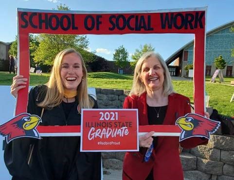 isusocialwork's tweet photo. Spring '21 Master of #SocialWork grad, Maddison Seibring with Dr. Stipp at RedbirdCrossing. This @IllinoisStateU grad plans on getting her LSW &amp; pursuing employment here in the Bloomington-Normal area! We are so #RedbirdProud of her! #gradlifeisu #illinoisstateu  #Gradbird https://t.co/qysdrE4Lgv