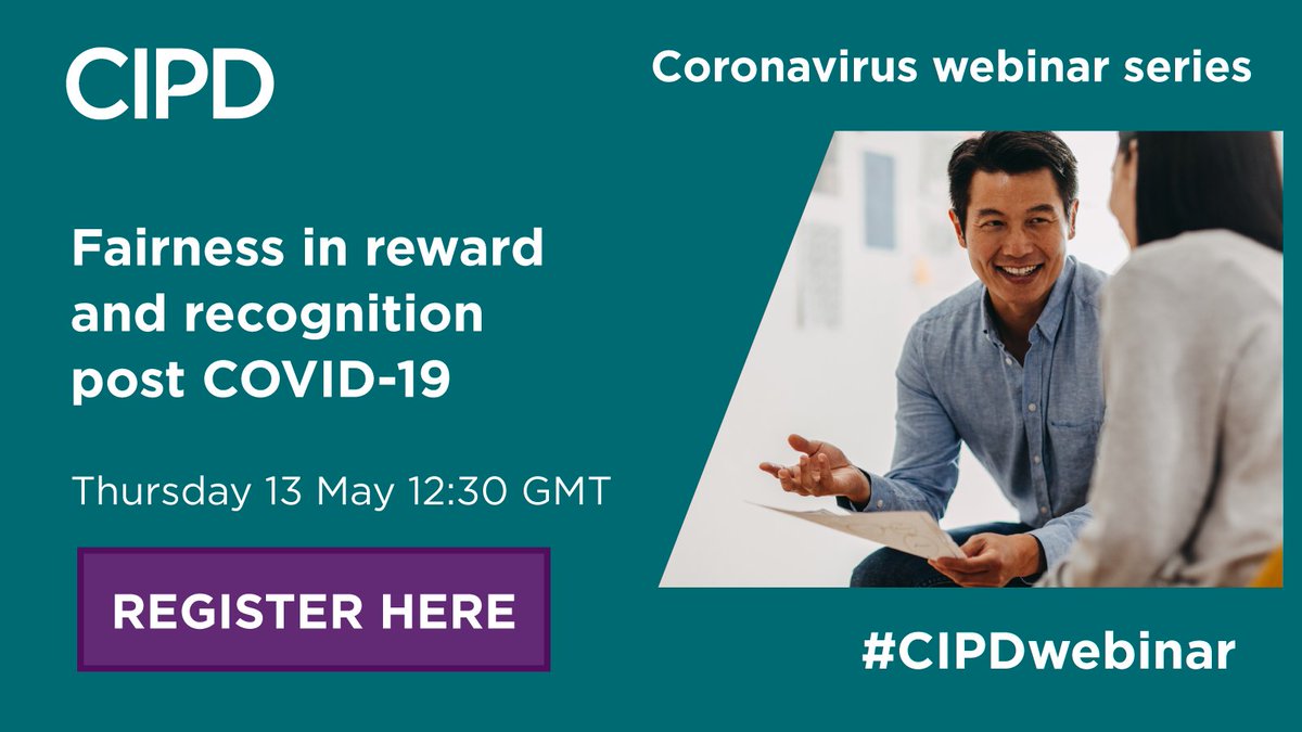 CIPD's tweet photo. Join our #CIPDwebinar to learn more about the unequal impact of the pandemic on the workforce and what employers should be doing to ensure fairer #reward and recognition post-pandemic. Register and submit your questions here: https://t.co/JgIYJ9bVrK #webinar https://t.co/AIlHnx3lJA