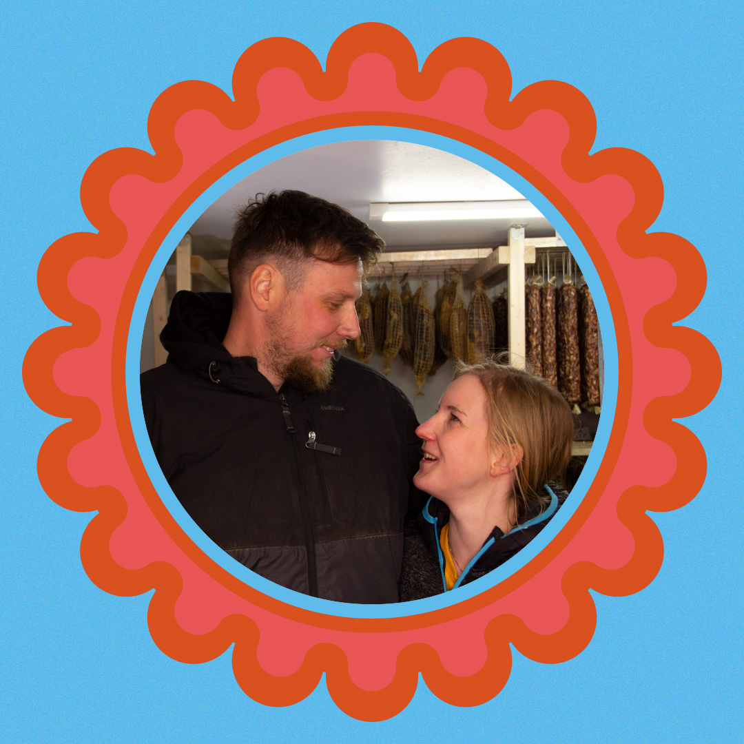 Matjan and Janja Žgajner - together with Matjans brother Mitja - outdoor rear Krškopoljski pigs in Štajerska towards north east Slovenia and hand make a number of pork based treats. Various wonderful salami, ocvirki (rendered pork fat with the crispy bits left in), sausages, h