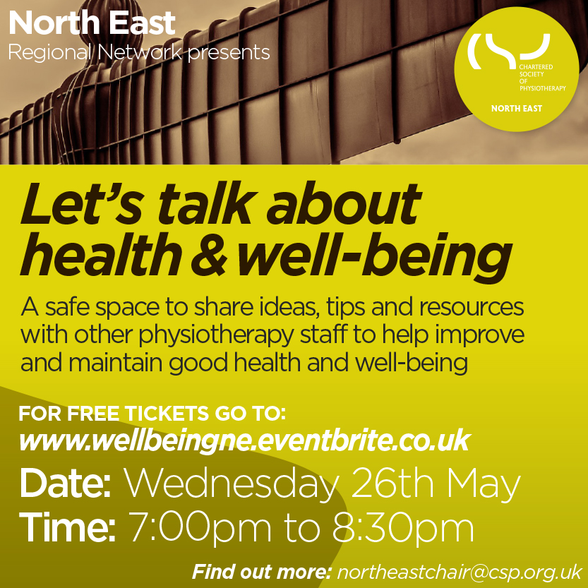 It's #MentalHealthAwarenessWeek &amp; <a href="/CSPNorthEast/">CSPNorthEast</a> is inviting all <a href="/thecsp/">Chartered Society of Physiotherapy (CSP)</a> members to their next webinar on the topic 26.5

Fancy some time out to talk about your health &amp; well-being among other physio staff? Book today wellbeingne.eventbrite.co.uk

@jillyphysio @AHPLeader @HelenRobson19