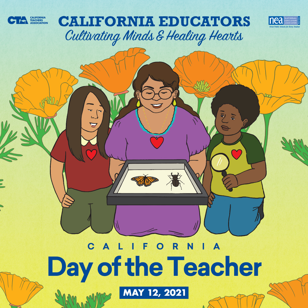 WeAreCTA's tweet photo. Are you ready for California #DayOfTheTeacher on Wednesday, May 12? Download the poster and cool social media shareables here: https://t.co/3kcG5CVXc2 #WeAreCTA https://t.co/zDjYaOCZds