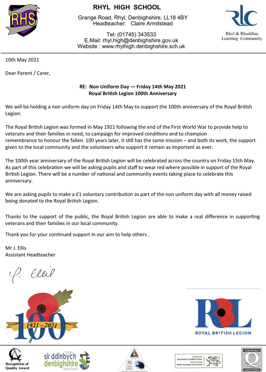 RhylHigh's tweet photo. @PoppyLegion 

We will be holding a non uniform day on Friday 14th May to support the 100th anniversary of the Royal British Legion.
£1 voluntary contribution.  Wear red where possible. https://t.co/eV8YLHGpvw