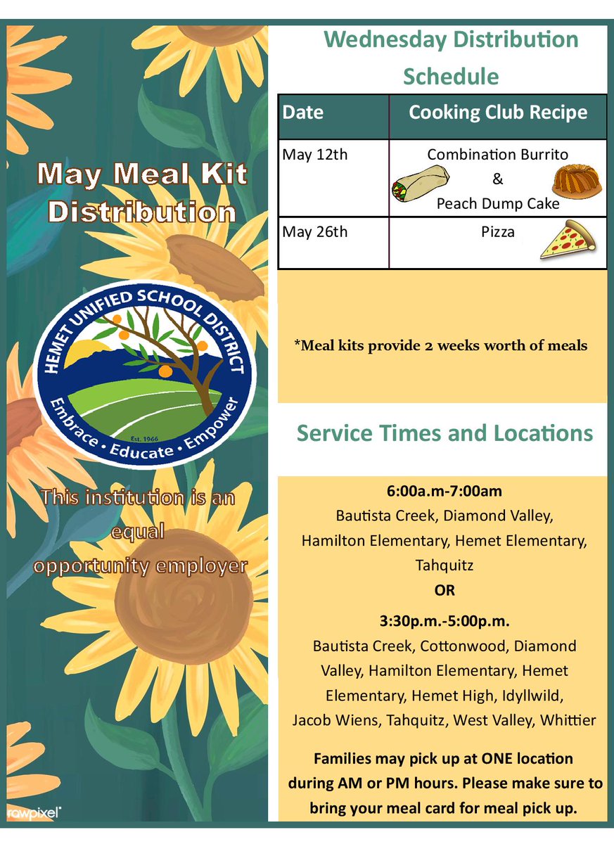 HUSDNutrition's tweet photo. This Wednesday, May 12th, is a meal kit distribution day. The cooking club recipes will be combination burritos and peach dump cake. 🍑🍰👩‍🍳 Don't miss out! 
#husdpremier #parentresourcecenter https://t.co/IlHQ7DnfBQ