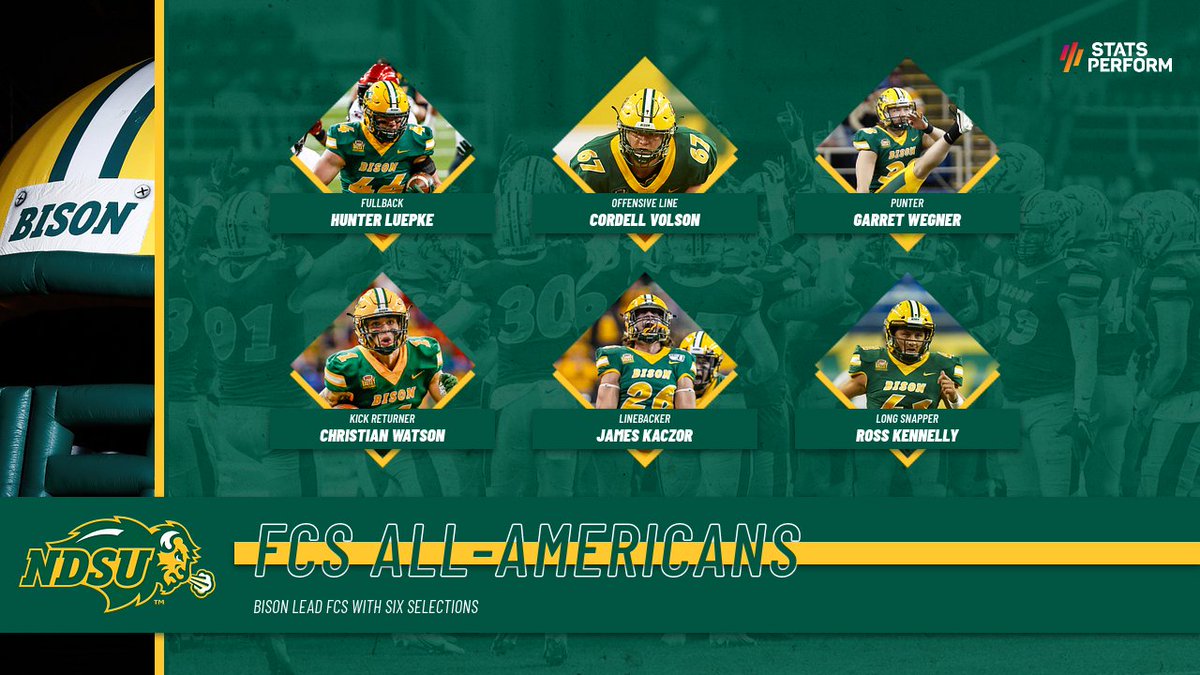 Congrats to our six Stats Perform #FCS All-Americans!

🦬 Hunter Luepke, 1st team
🦬 Cordell Volson, 1st team
🦬 Garret Wegner, 1st team
🦬 Christian Watson, 1st team
🦬 James Kaczor, 2nd team
🦬 Ross Kennelly, 2nd team

▶ gobison.com/news/2021/5/10…