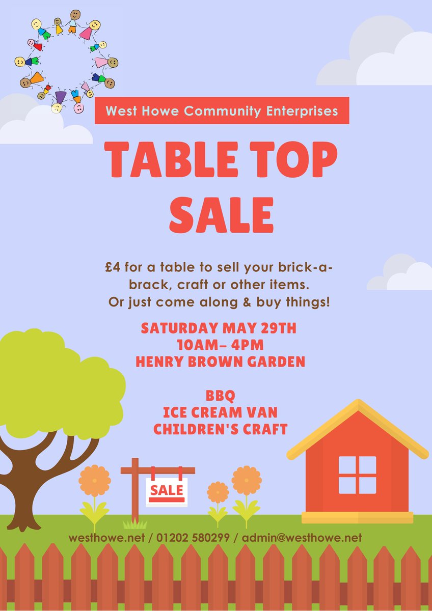 Come along to our Table Top Sale on May 29th. Whether you want to buy, or sell it'll be a lovely day &amp; we're believing for sunshine!
With a BBQ, Children's Craft &amp; Ice Cream van.
☀️☀️☀️
Contact us for details: admin@westhowe.net
#Bournemouth #MondayMotivation #Community