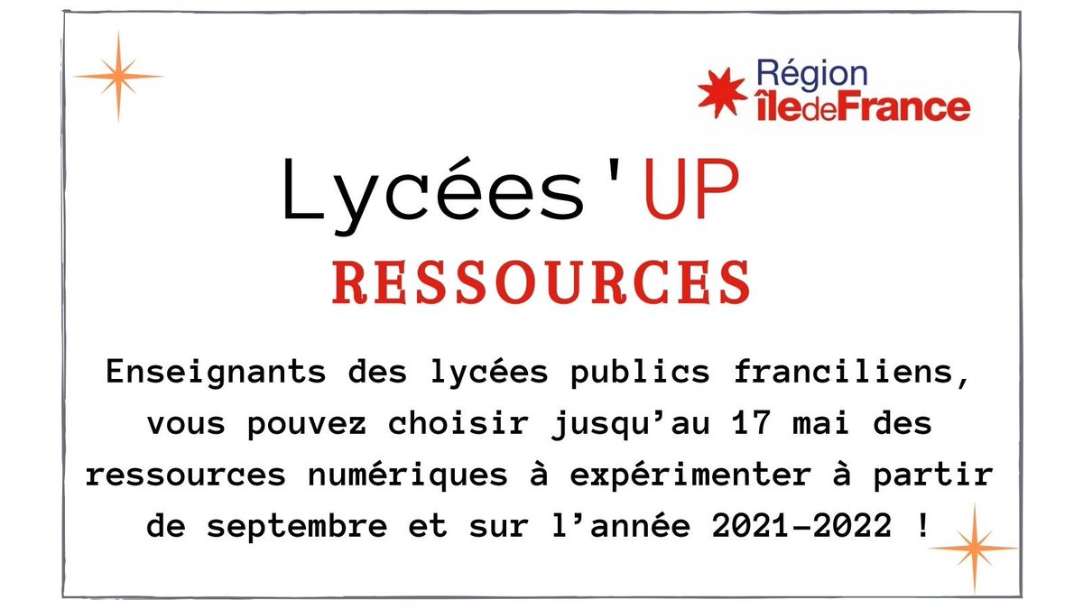 PhTAILLARD's tweet photo. #RessourcesNumériques #RNE @Academie_Paris
@iledefrance finance l’expérimentation de 23 ressources numériques en 2021-2022
Enseignants des lycées franciliens publics, choisissez vos ressources numériques avant le :
>>> 17 mai <<<
https://t.co/BtB2N8ArY4
#lyceesup https://t.co/kSDyDR6MXj