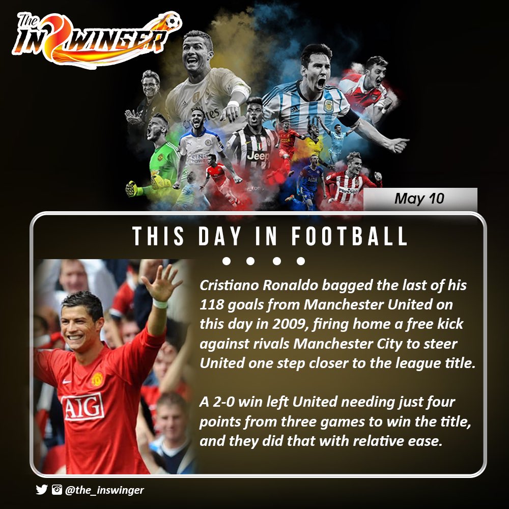 Inswinger_'s tweet photo. THIS DAY IN FOOTBALL ⚽️🏆

Cristiano Ronaldo bagged the last of his 118 goals from Manchester United on this day in 2009, firing home a free kick against rivals Manchester City to steer United one step closer to the league title. https://t.co/XQwvRBBGi4