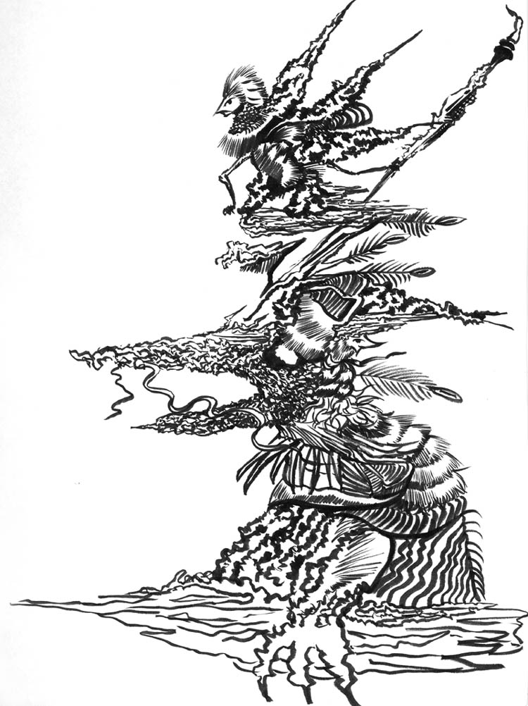 大昔に描いた筆ペンアート
「森のおうち」「龍と戦士」 #イラスト #筆ペン画 